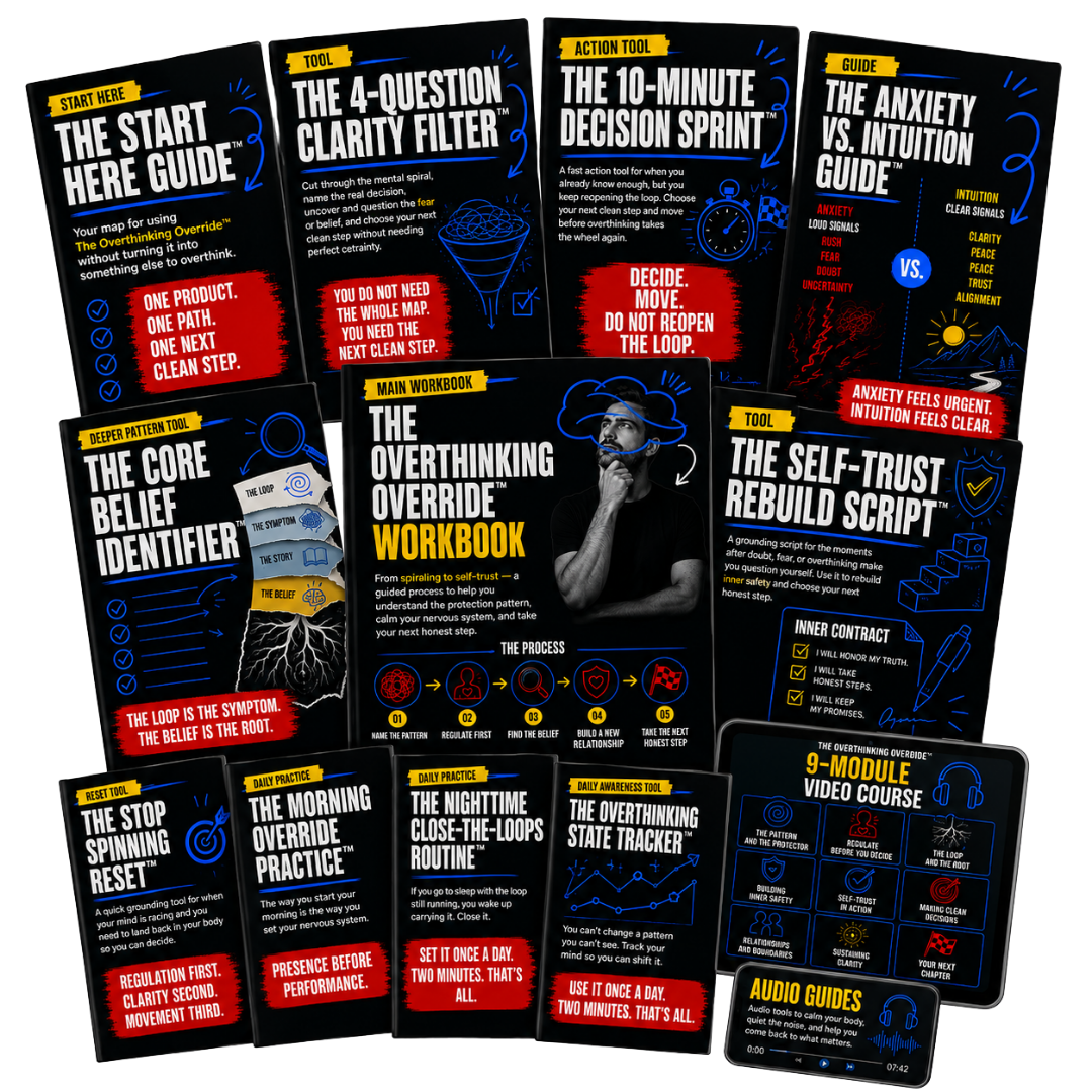 The Overthinking Override complete product bundle — workbook, guides, tools, and 9-module video course